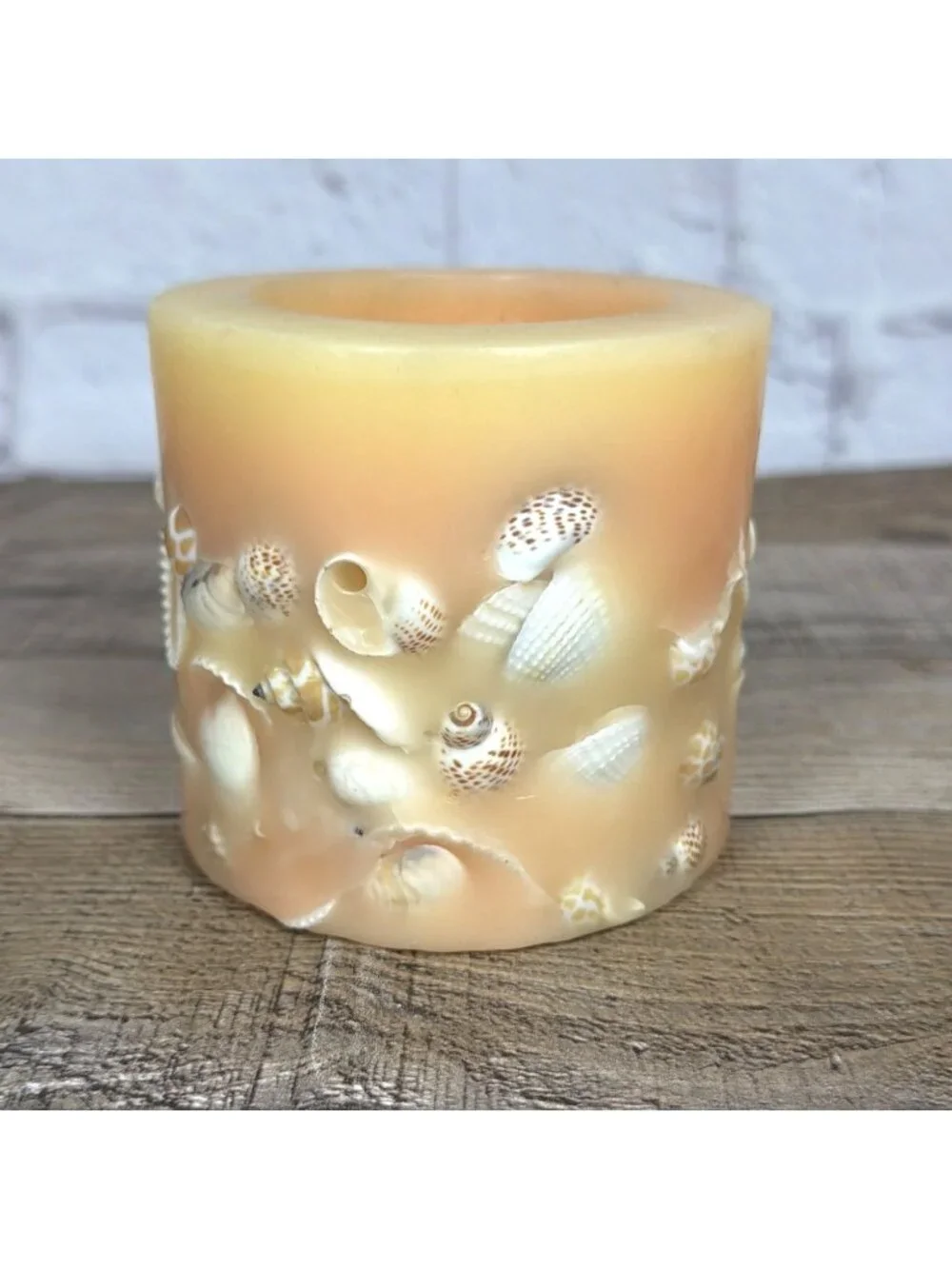 VTG Sea Shell Peach White Lantern Pillar Candle Florida Beach Nautical Coastal